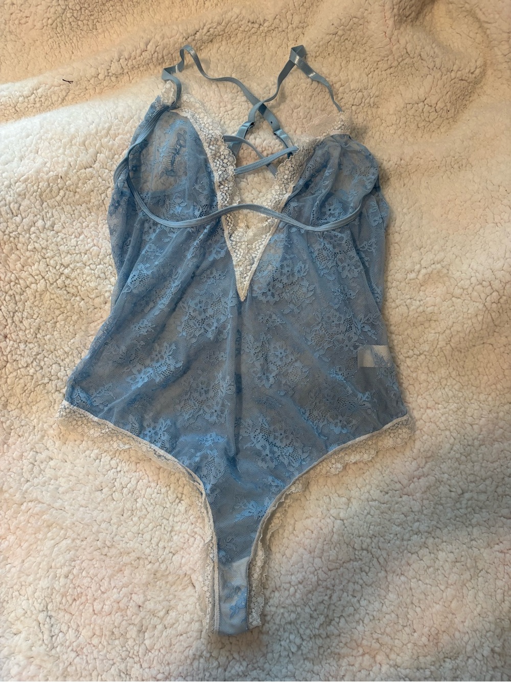 SHEIN Dusty Blue Lace Plunge Teddy with Contrast Trim